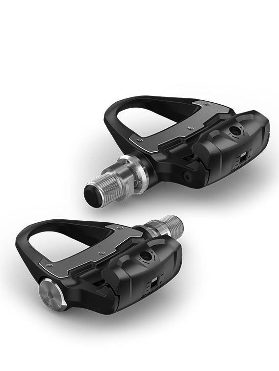 A pair of Garmin Rally XC100 pedal power meters for bicycles, displayed against a white background.