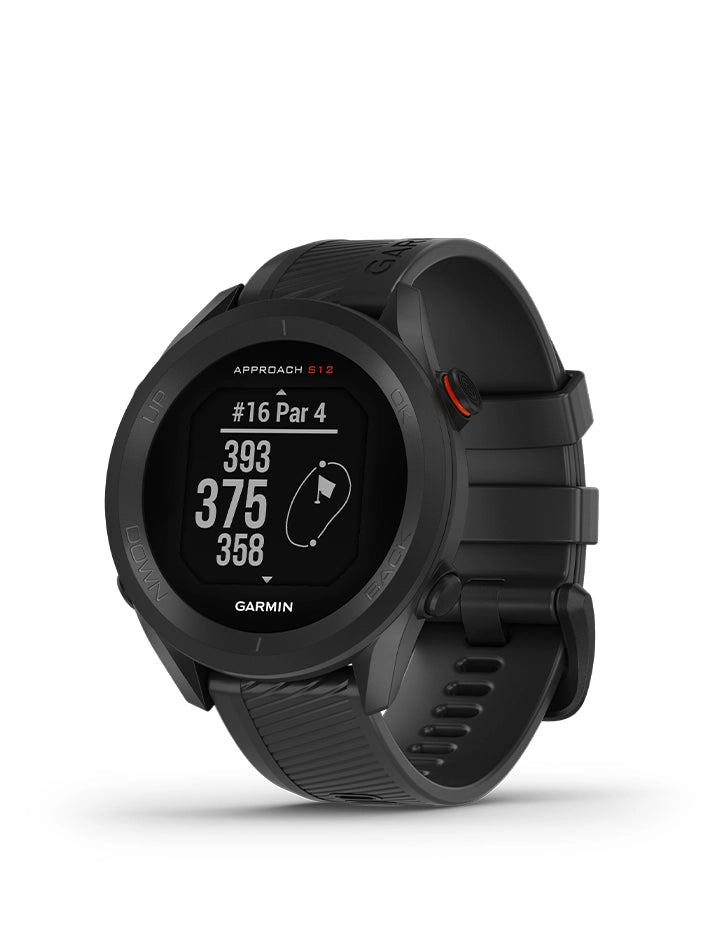 Black Garmin Approach S12 Golf GPS on a white background
