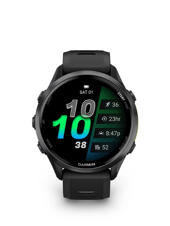 Garmin smartwatch with a black strap on a white background