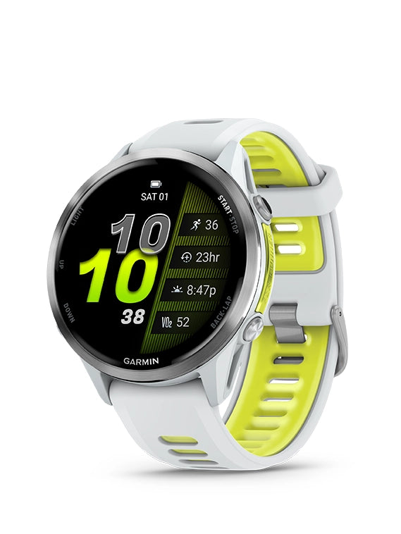 Garmin smartwatch with a white and yellow strap on a white background