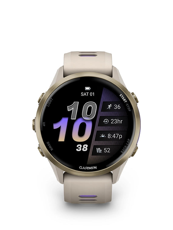 Garmin smartwatch with a beige strap on a white background