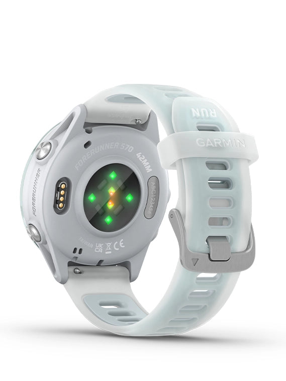 Garmin smartwatch with light blue band on a white background