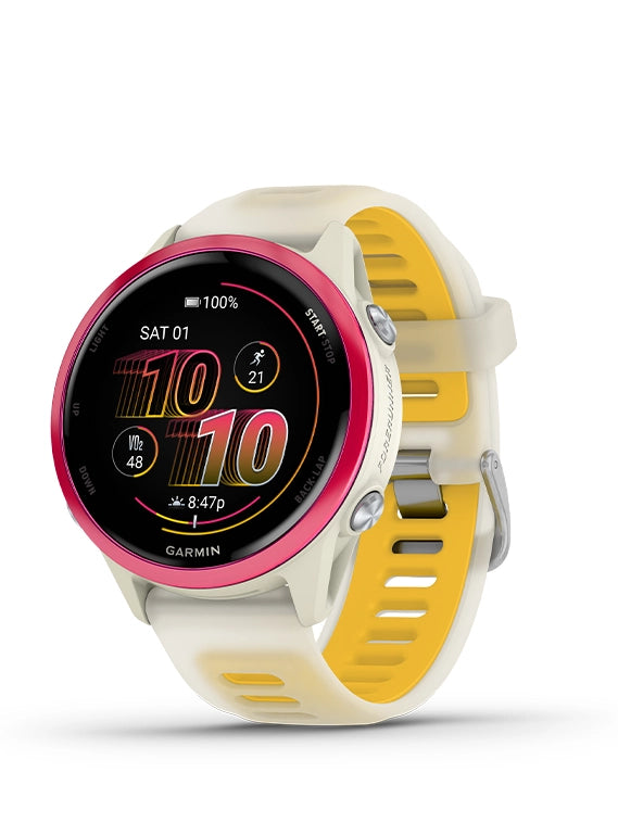 Smartwatch with a yellow and white strap on a white background
