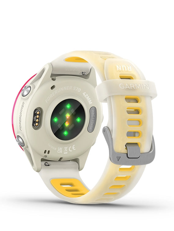 Smartwatch with a yellow and beige strap on a white background