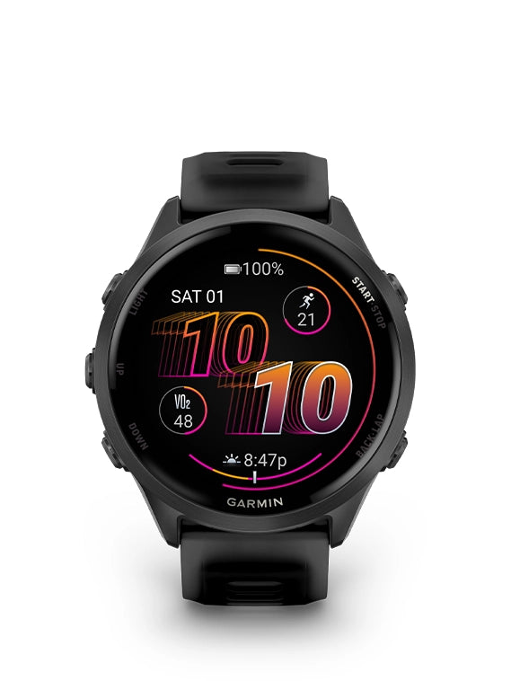 Black Garmin smartwatch with digital display on a white background
