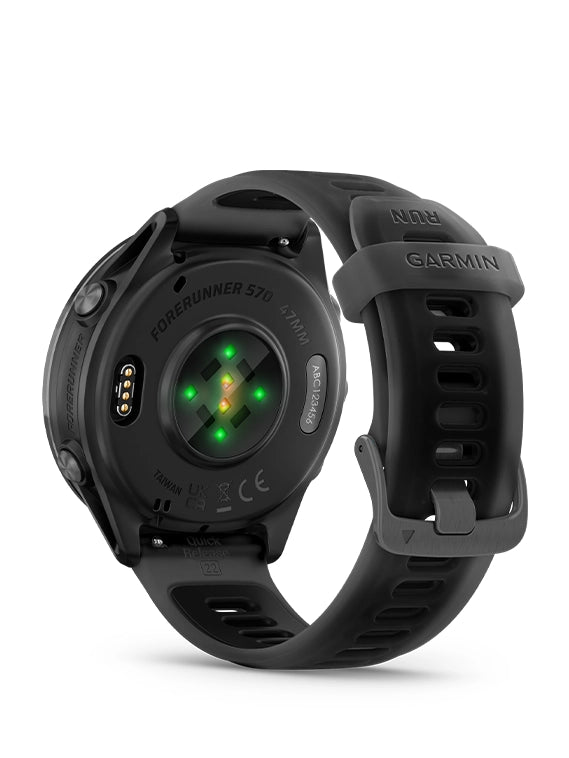 Garmin smartwatch with black band on a white background