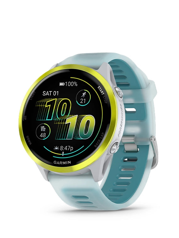 Garmin smartwatch with a light blue strap on a white background