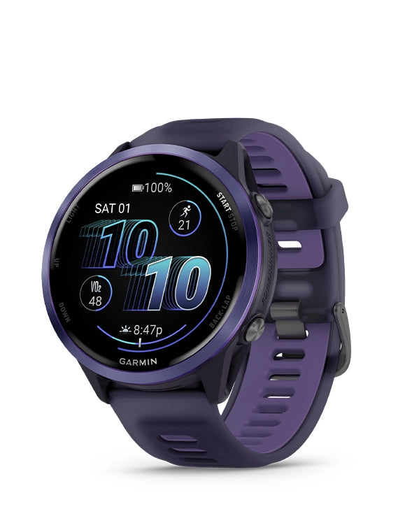 Purple Garmin smartwatch on a white background