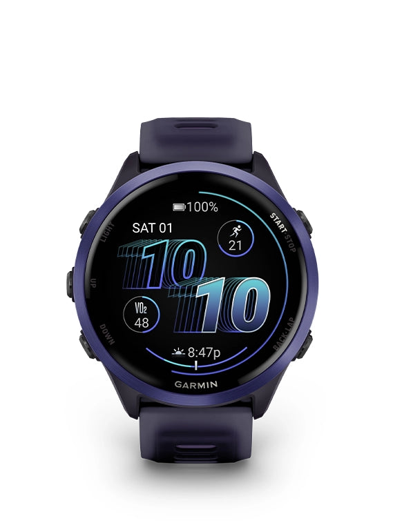 Garmin smartwatch with a dark blue strap on a white background
