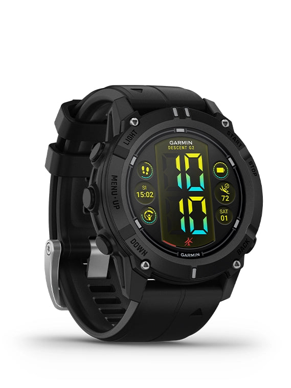 A digital dive watch with a black band and case, featuring a colorful display showing time and various diving metrics 3