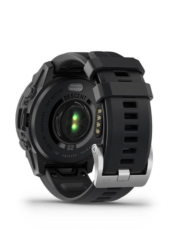 A digital dive watch with a black band and case, featuring a colorful display showing time and various diving metrics 4