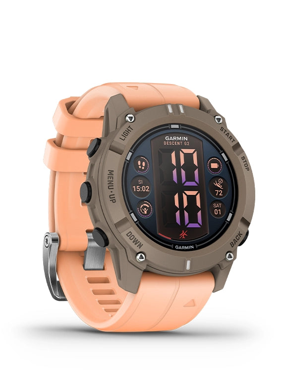 A digital dive watch with a black band and case, featuring a colorful display showing time and various diving metrics 3