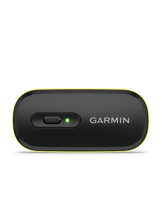 Black Garmin device with a green indicator light on a white background