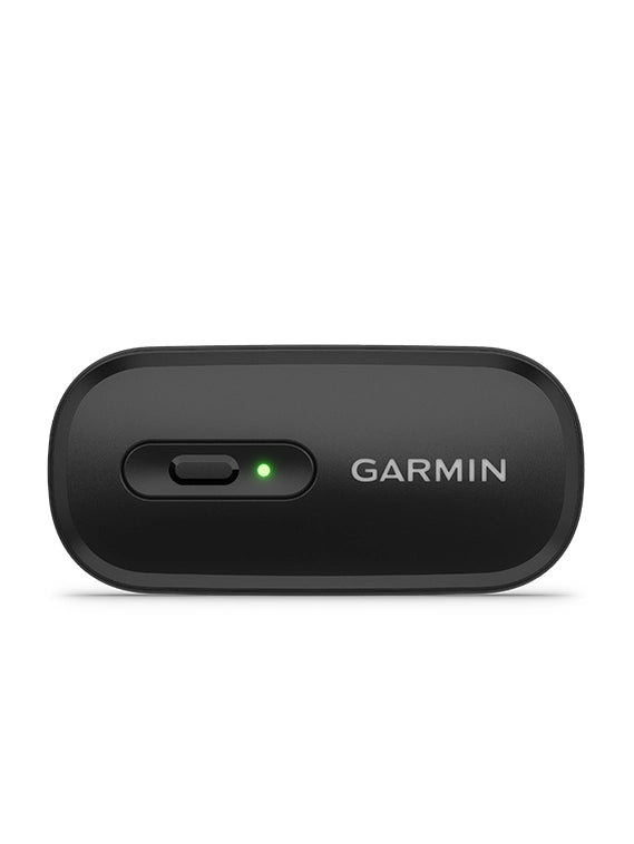 Black Garmin device with a green indicator light on a white background