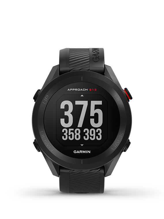 Front View of Black Garmin Approach S12 Golf GPS on a white background