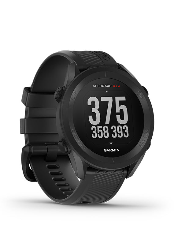 Right side view of Black Garmin Approach S12 Golf GPS on a white background