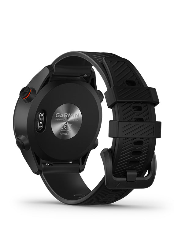 Back view of Black Garmin Approach S12 Golf GPS on a white background