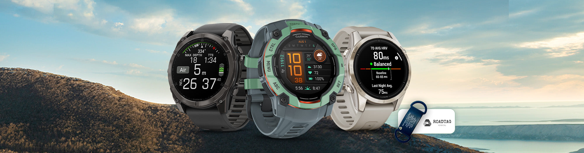 3 garmin watches with a mountain background