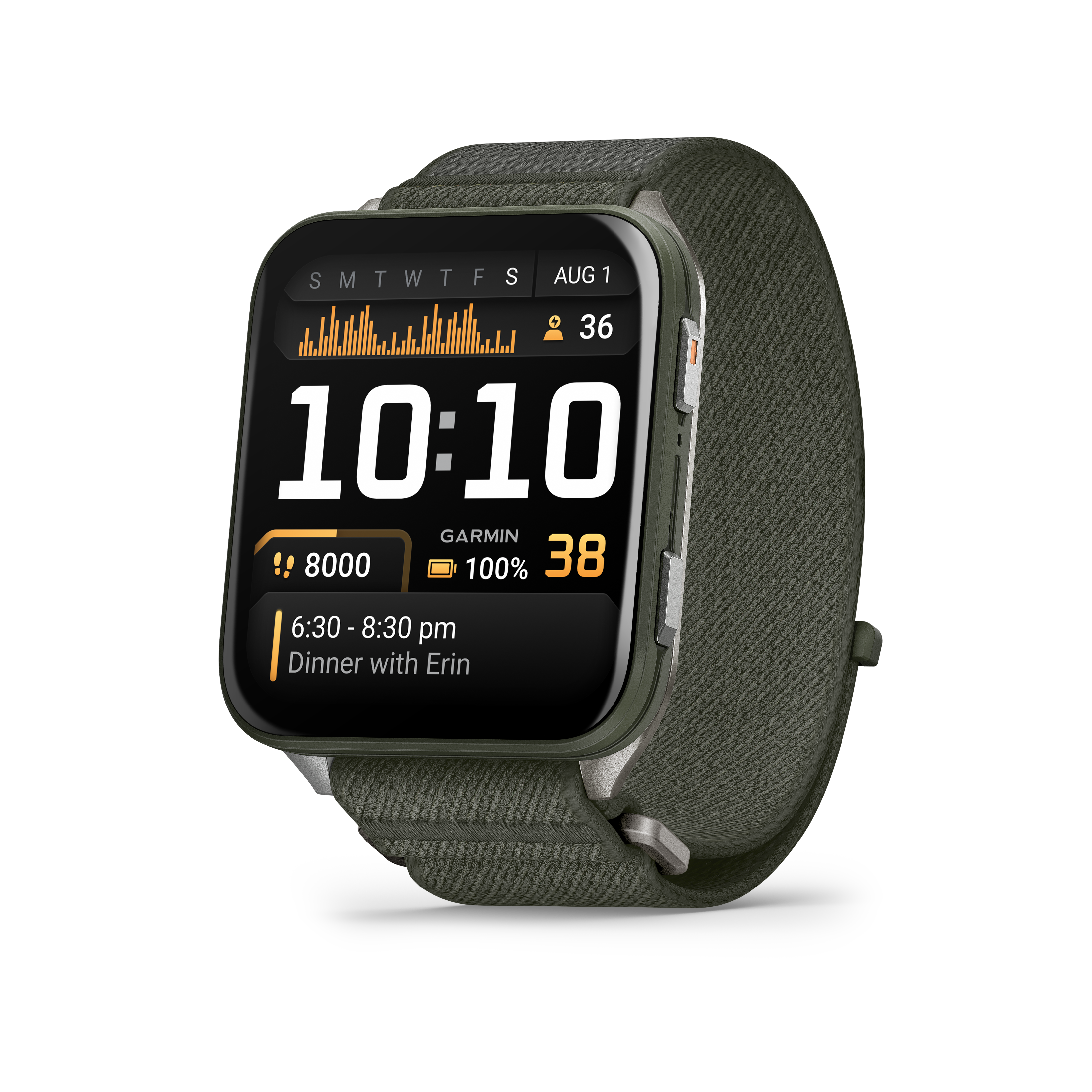 Garmin smartwatch with a black display and gray band on a white background