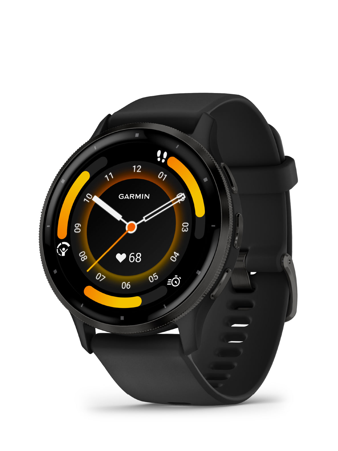 Garmin smartwatch with black band on a white background
