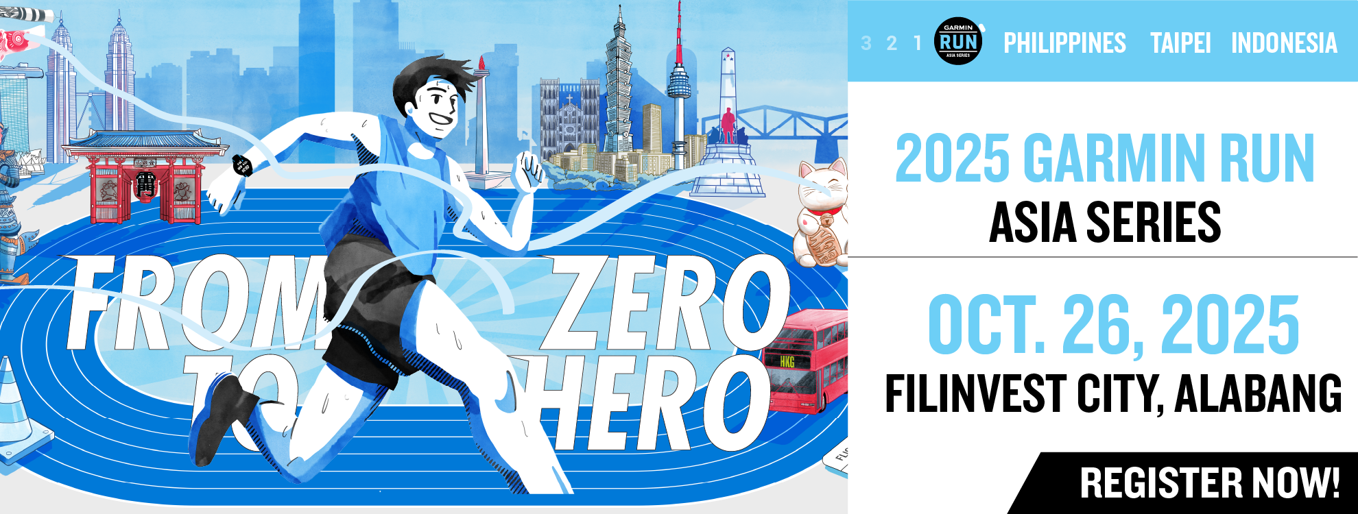 Promotional banner for the 2025 Garmin Run Asia Series event featuring a runner and cityscape.